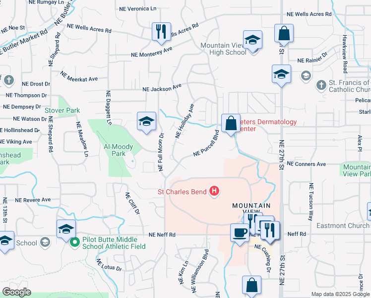 map of restaurants, bars, coffee shops, grocery stores, and more near 2017 Northeast Patterson Court in Bend