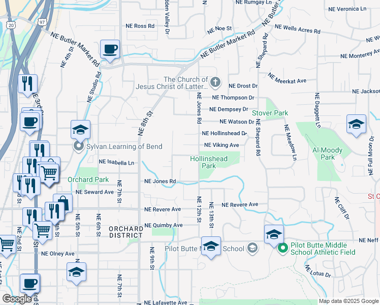 map of restaurants, bars, coffee shops, grocery stores, and more near 1154 Northeast Ulysses Drive in Bend