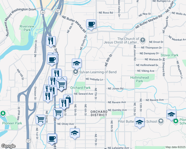 map of restaurants, bars, coffee shops, grocery stores, and more near 675 Northeast Vail Lane in Bend