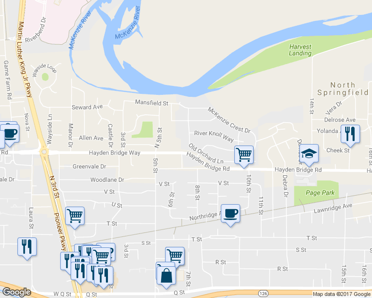 map of restaurants, bars, coffee shops, grocery stores, and more near 777 Old Orchard Lane in Springfield