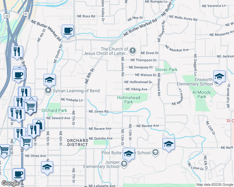 map of restaurants, bars, coffee shops, grocery stores, and more near 1147 Northeast Viking Court in Bend