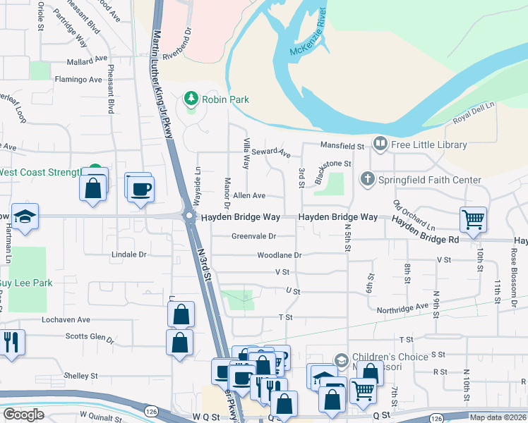 map of restaurants, bars, coffee shops, grocery stores, and more near 196 Hayden Bridge Way in Springfield