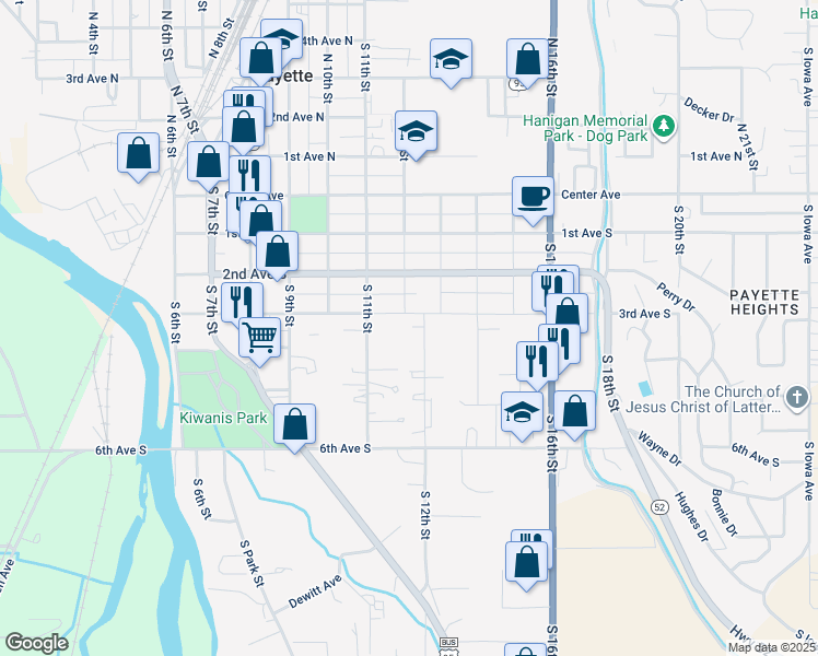 map of restaurants, bars, coffee shops, grocery stores, and more near 1128 3rd Avenue South in Payette