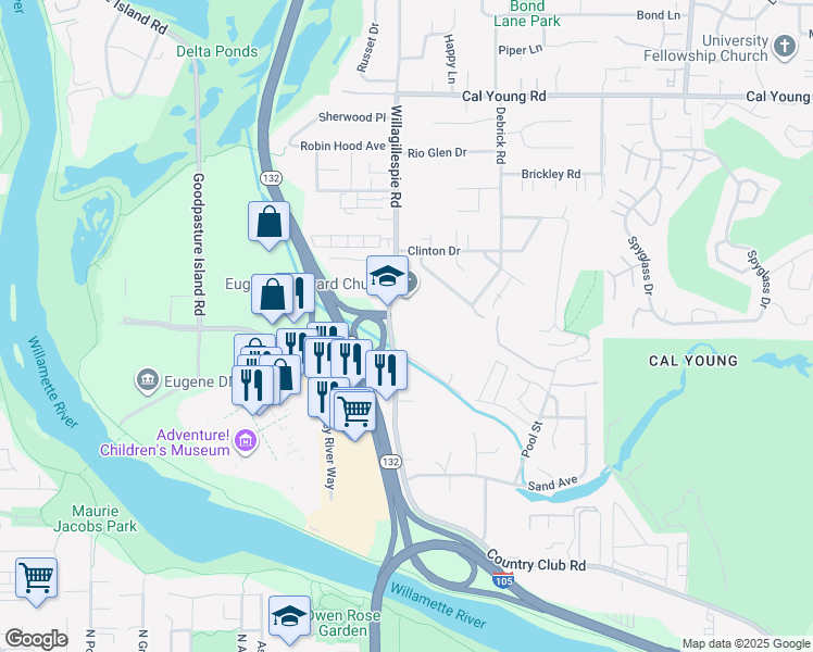 map of restaurants, bars, coffee shops, grocery stores, and more near 1125 Willagillespie Road in Eugene