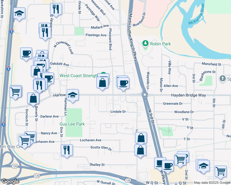 map of restaurants, bars, coffee shops, grocery stores, and more near 496 Harlow Road in Springfield