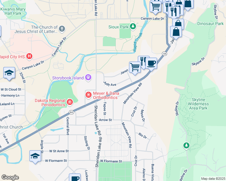 map of restaurants, bars, coffee shops, grocery stores, and more near 2429 Judy Avenue in Rapid City