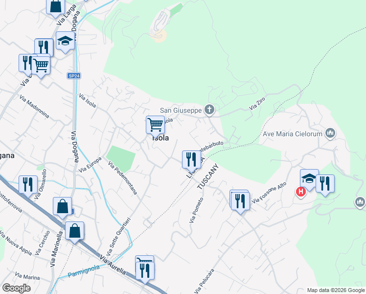 map of restaurants, bars, coffee shops, grocery stores, and more near 15 Via Montebarbuto in Isola