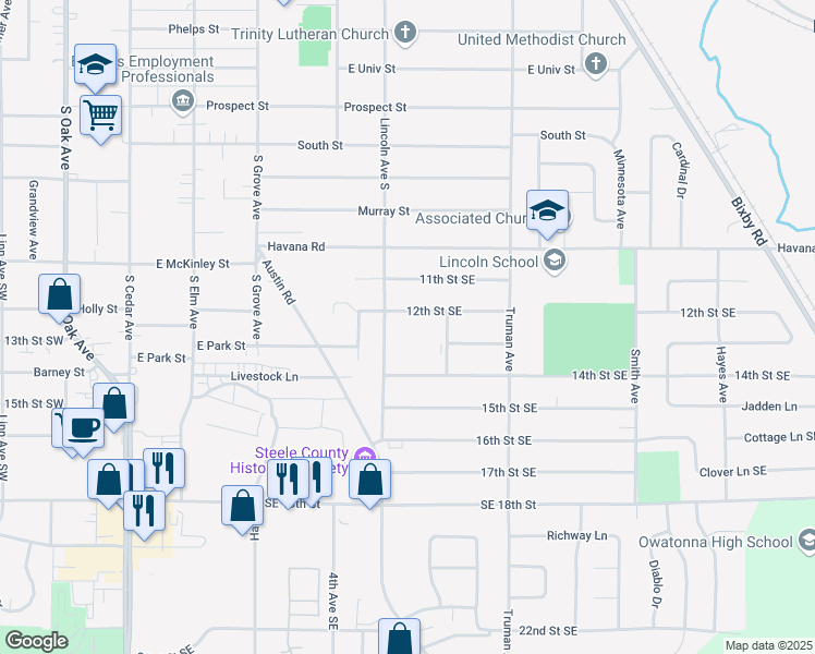 map of restaurants, bars, coffee shops, grocery stores, and more near 1225 Lincoln Avenue South in Owatonna