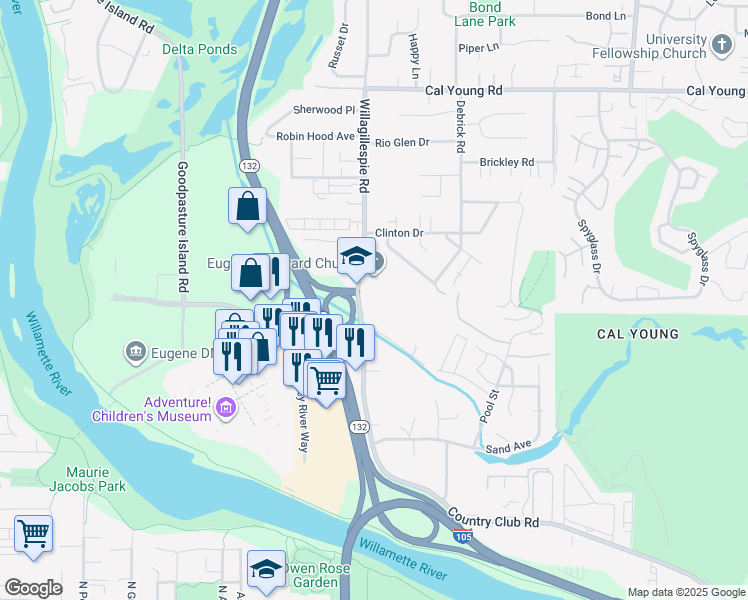 map of restaurants, bars, coffee shops, grocery stores, and more near 1125 Willagillespie Road in Eugene