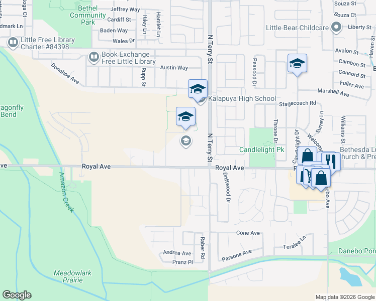 map of restaurants, bars, coffee shops, grocery stores, and more near 5305 Royal Avenue in Eugene