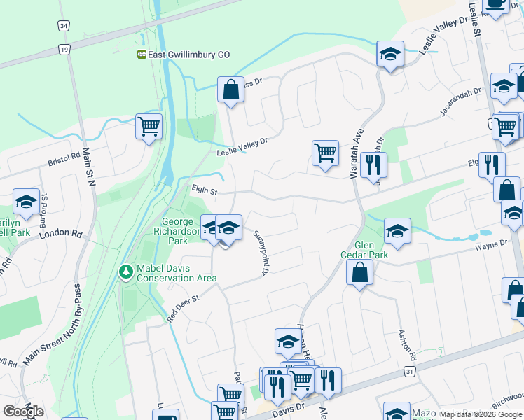 map of restaurants, bars, coffee shops, grocery stores, and more near 747 Greenfield Crescent in Newmarket