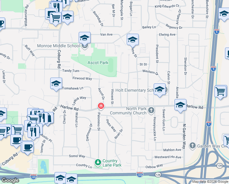 map of restaurants, bars, coffee shops, grocery stores, and more near 807 Vincent Street in Eugene