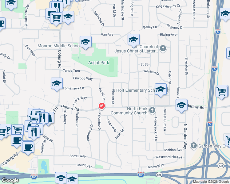 map of restaurants, bars, coffee shops, grocery stores, and more near 807 Vincent Street in Eugene