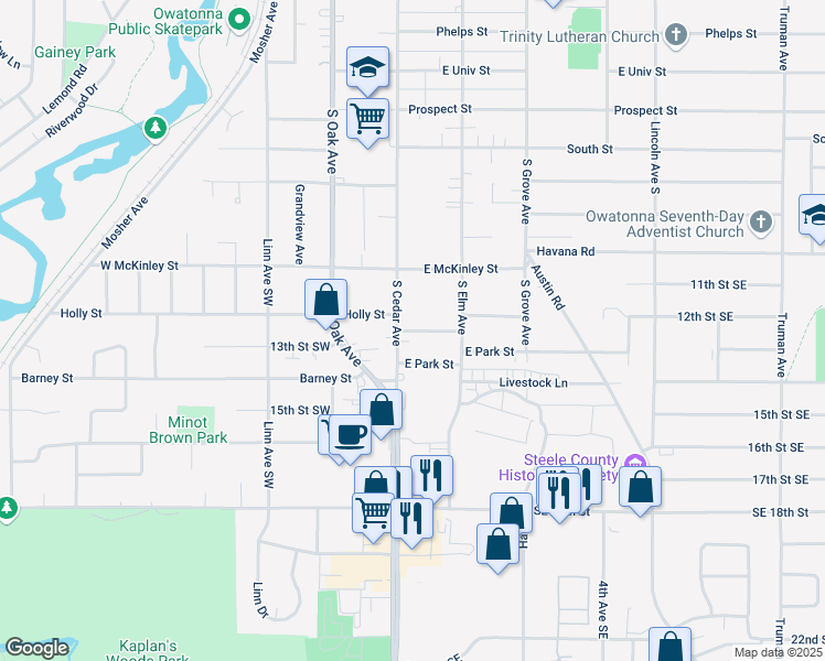 map of restaurants, bars, coffee shops, grocery stores, and more near 122 Hobart Street in Owatonna