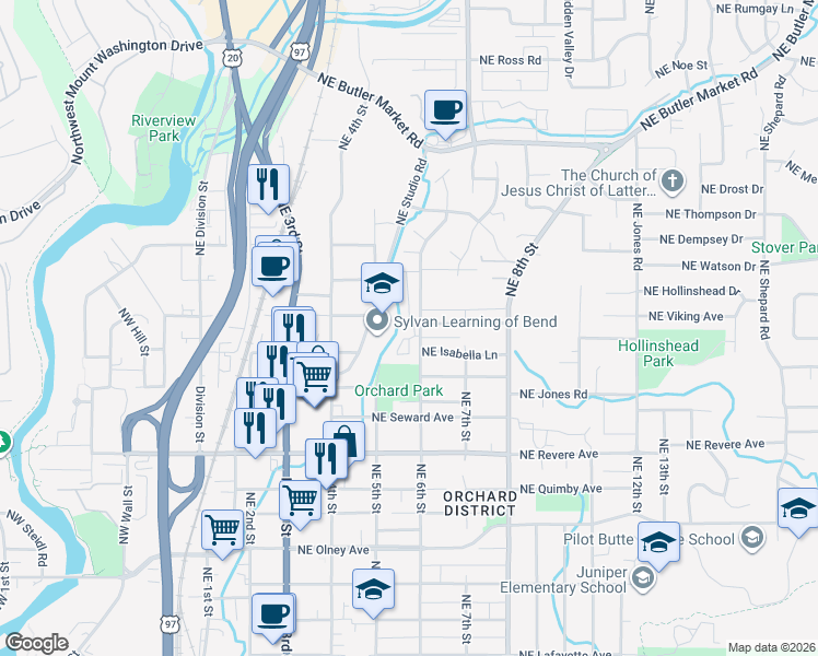 map of restaurants, bars, coffee shops, grocery stores, and more near 23 Northeast 6th Street in Bend
