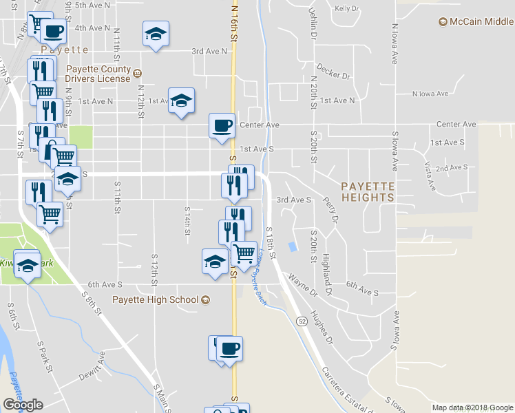 map of restaurants, bars, coffee shops, grocery stores, and more near 1650 3rd Avenue South in Payette