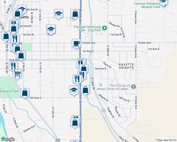 map of restaurants, bars, coffee shops, grocery stores, and more near 1650 3rd Avenue South in Payette
