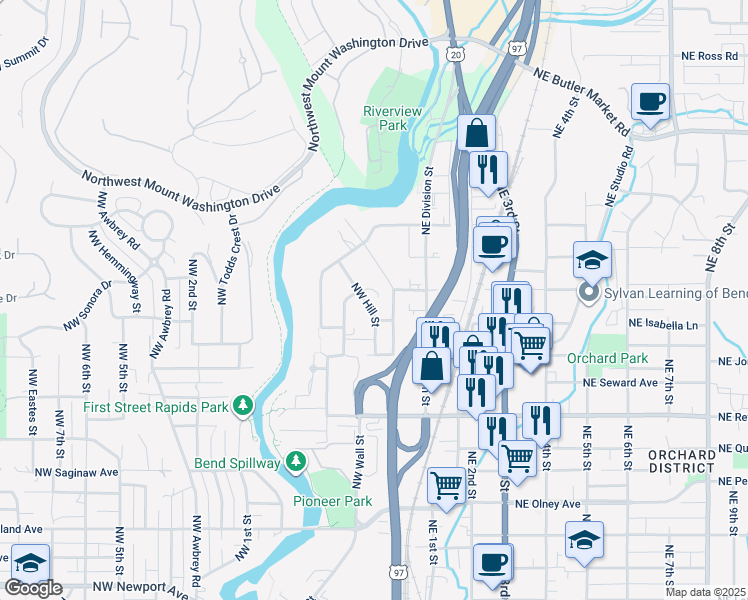 map of restaurants, bars, coffee shops, grocery stores, and more near 2207 Northwest Deschutes Place in Bend