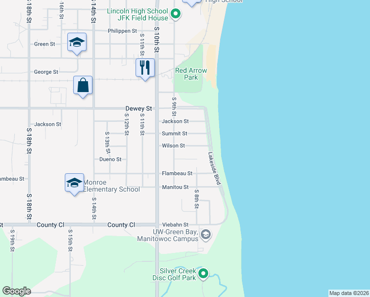 map of restaurants, bars, coffee shops, grocery stores, and more near 848 Wilson Street in Manitowoc