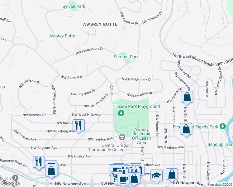 map of restaurants, bars, coffee shops, grocery stores, and more near 1846 Northwest Hillside Park Drive in Bend