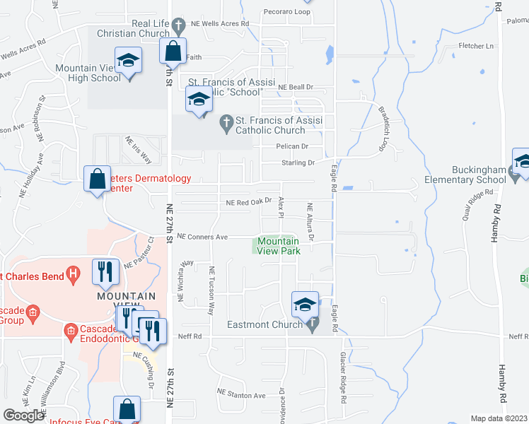 map of restaurants, bars, coffee shops, grocery stores, and more near 2926 Northeast Dogwood Drive in Bend