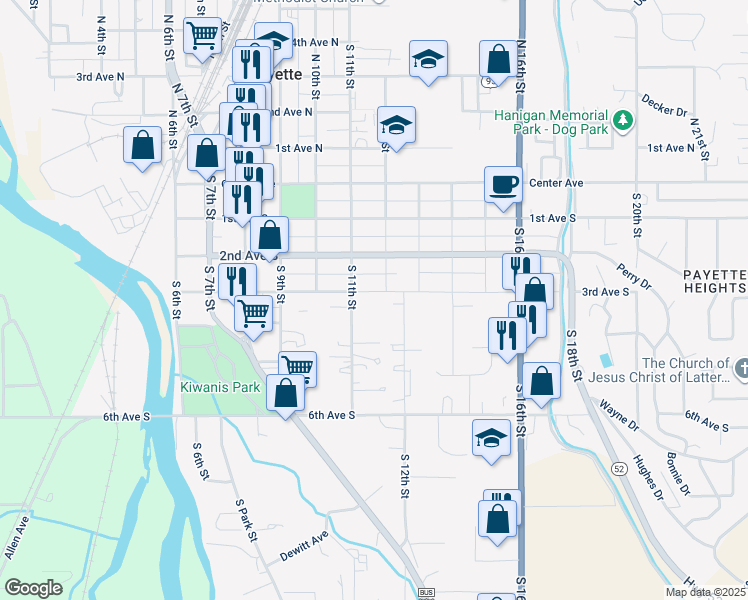 map of restaurants, bars, coffee shops, grocery stores, and more near 1128 3rd Avenue South in Payette