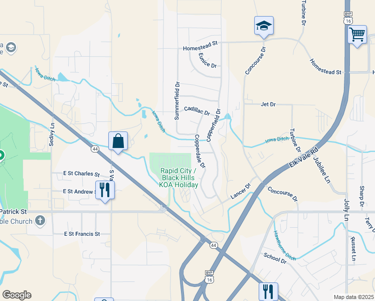 map of restaurants, bars, coffee shops, grocery stores, and more near 3012 Copperlane Ct in Rapid City
