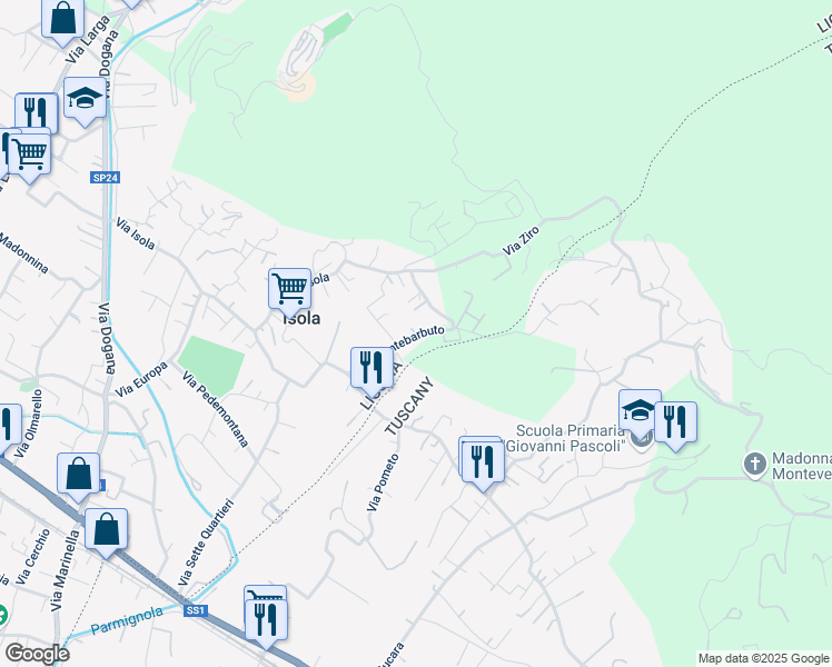 map of restaurants, bars, coffee shops, grocery stores, and more near 19 Via Montebarbuto in Isola