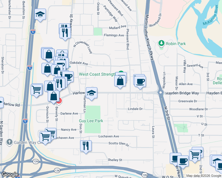 map of restaurants, bars, coffee shops, grocery stores, and more near 650 Harlow Road in Springfield