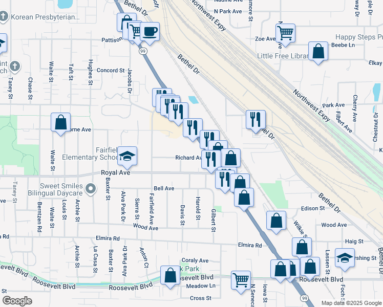 map of restaurants, bars, coffee shops, grocery stores, and more near 3169 Richard Avenue in Eugene