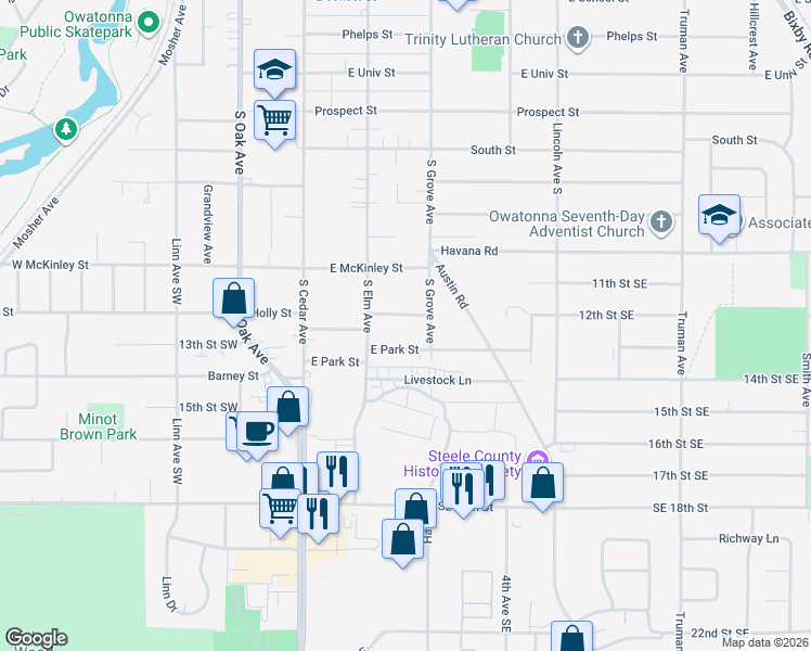 map of restaurants, bars, coffee shops, grocery stores, and more near 233 Hobart Street in Owatonna