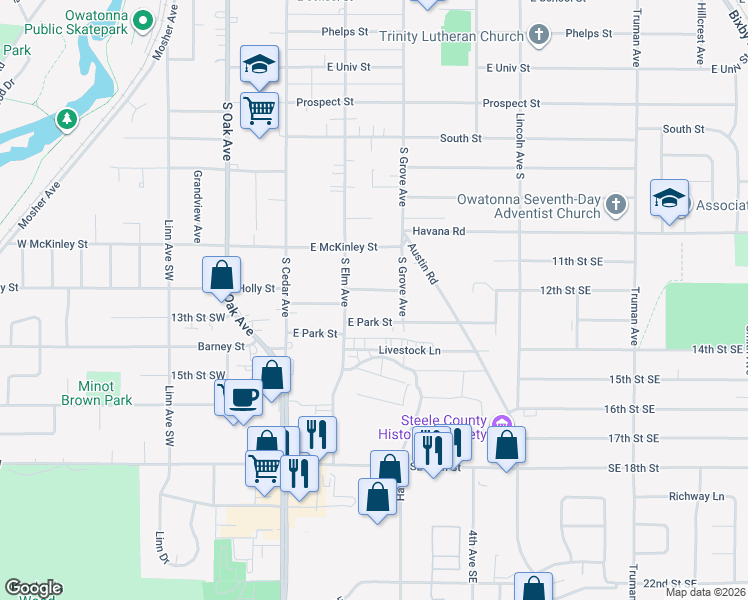 map of restaurants, bars, coffee shops, grocery stores, and more near 233 Hobart Street in Owatonna