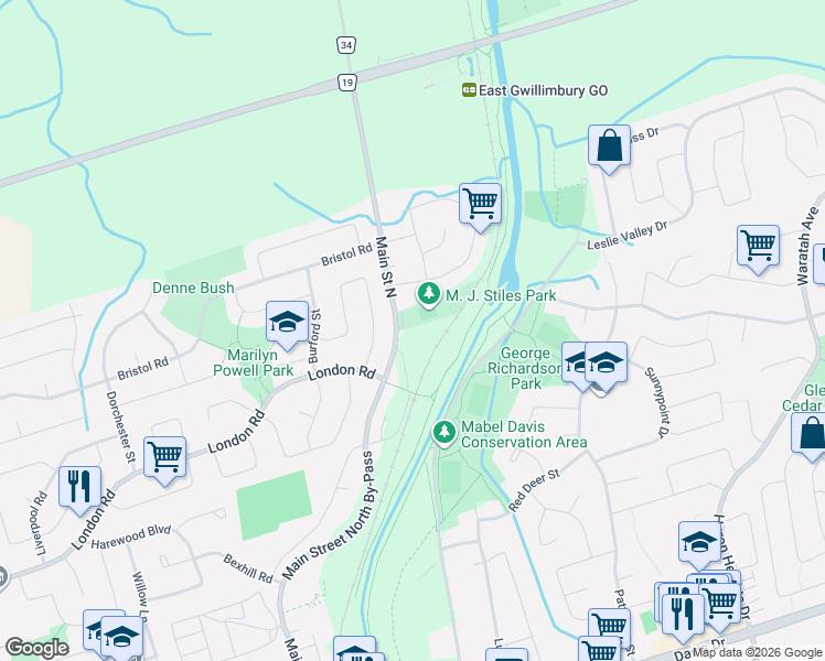 map of restaurants, bars, coffee shops, grocery stores, and more near 315 Main Street North in Newmarket
