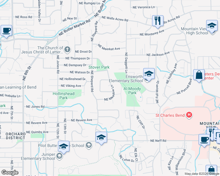 map of restaurants, bars, coffee shops, grocery stores, and more near 1613 Northeast Pheasant Circle in Bend