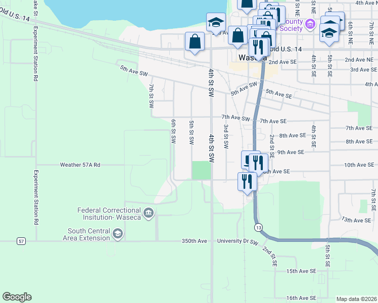 map of restaurants, bars, coffee shops, grocery stores, and more near 813 6th Street Southwest in Waseca