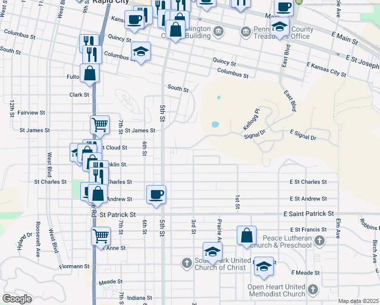 map of restaurants, bars, coffee shops, grocery stores, and more near 303 Saint Cloud Street in Rapid City