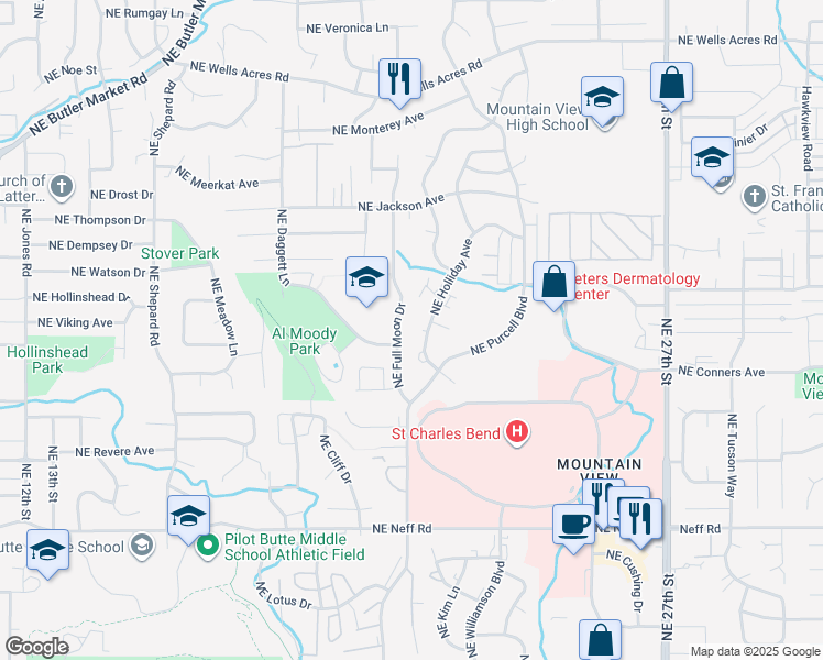 map of restaurants, bars, coffee shops, grocery stores, and more near 2061 Northeast York Circle in Bend