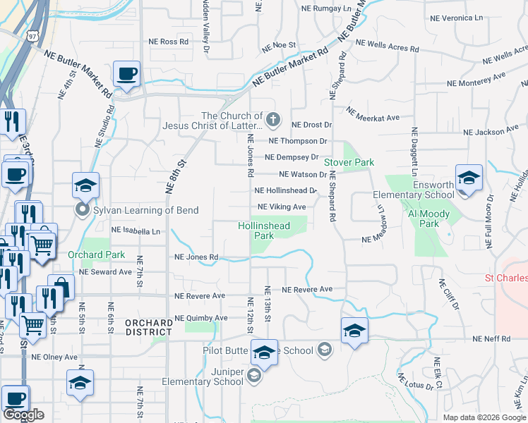 map of restaurants, bars, coffee shops, grocery stores, and more near 1211 Northeast Viking Avenue in Bend