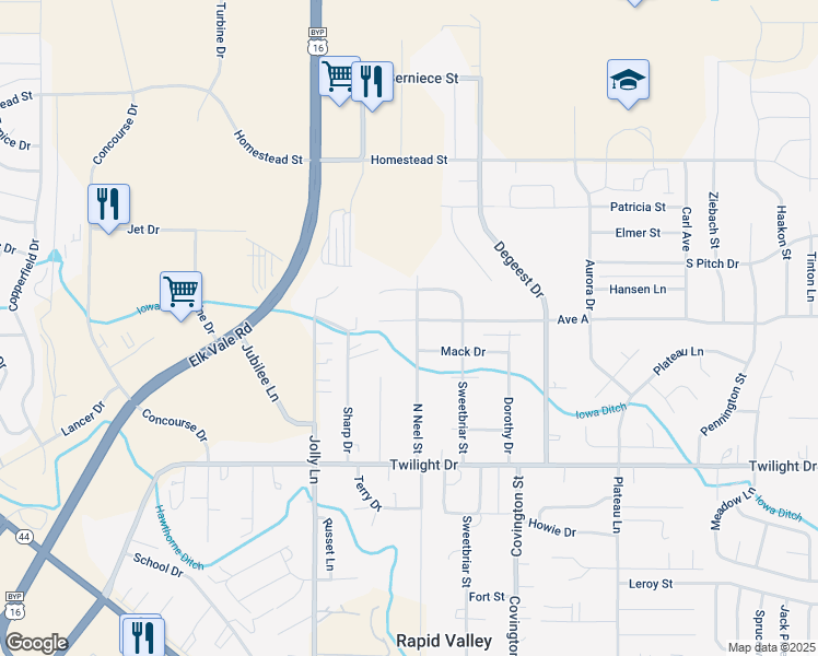 map of restaurants, bars, coffee shops, grocery stores, and more near 4133 Avenue A in Rapid City