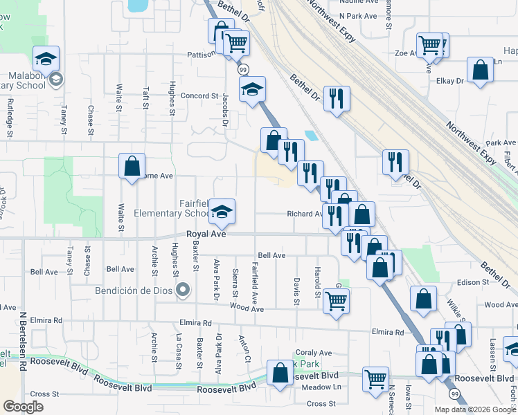 map of restaurants, bars, coffee shops, grocery stores, and more near 939 Fairfield Avenue in Eugene