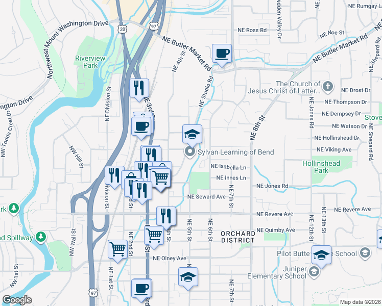 map of restaurants, bars, coffee shops, grocery stores, and more near 2150 Northeast Studio Road in Bend