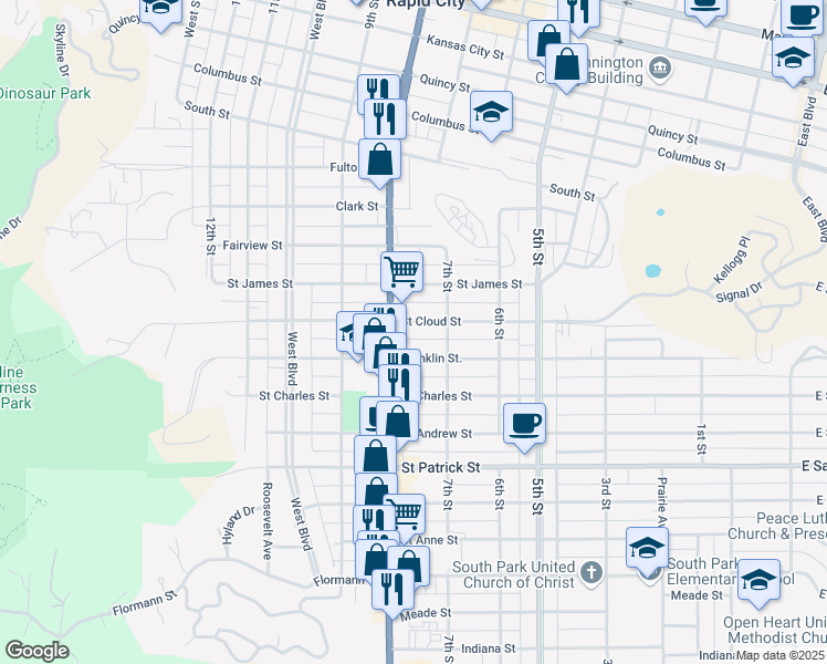 map of restaurants, bars, coffee shops, grocery stores, and more near 723 Saint Cloud Street in Rapid City