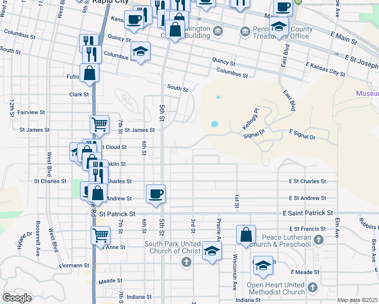 map of restaurants, bars, coffee shops, grocery stores, and more near 303 Saint Cloud Street in Rapid City
