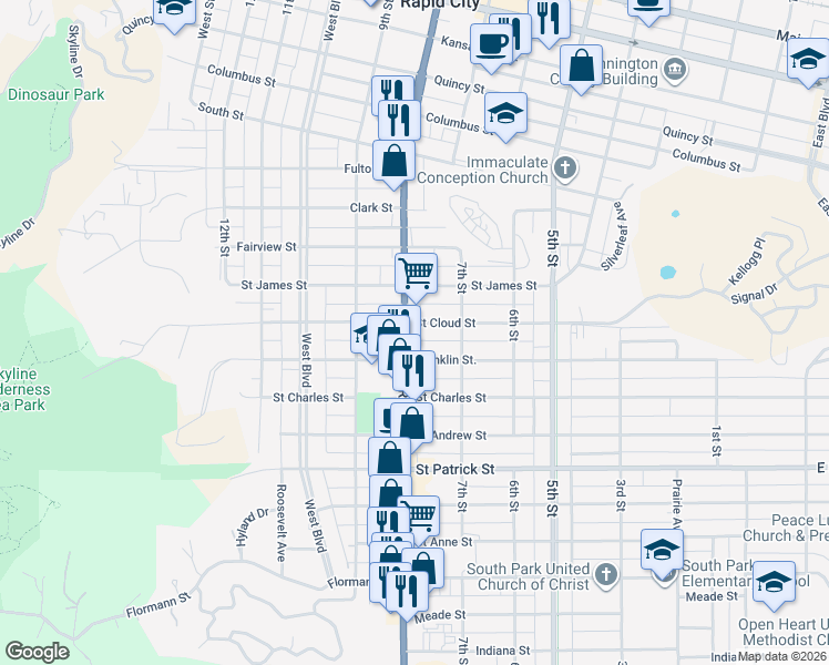 map of restaurants, bars, coffee shops, grocery stores, and more near 723 Saint Cloud Street in Rapid City