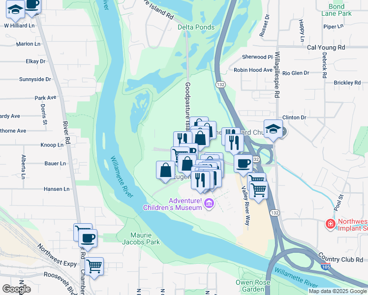map of restaurants, bars, coffee shops, grocery stores, and more near in Eugene