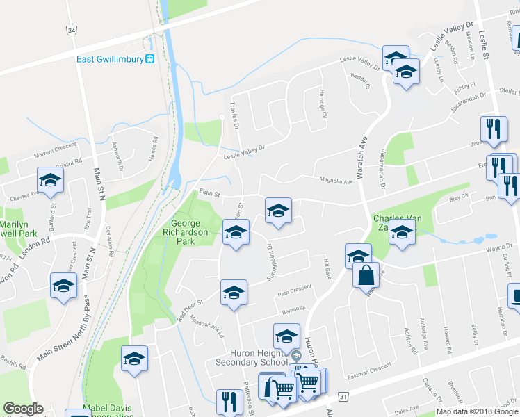 map of restaurants, bars, coffee shops, grocery stores, and more near 741 Greenfield Crescent in Newmarket