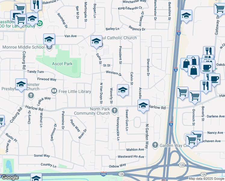 map of restaurants, bars, coffee shops, grocery stores, and more near 821 Waverly Street in Eugene