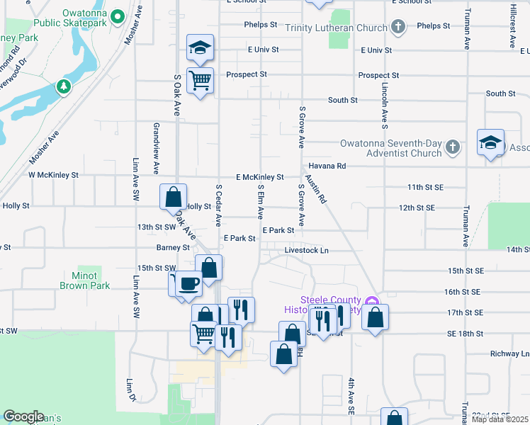 map of restaurants, bars, coffee shops, grocery stores, and more near 1207 South Elm Avenue in Owatonna