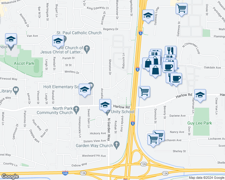 map of restaurants, bars, coffee shops, grocery stores, and more near 877 Chateau Meadows Drive in Eugene