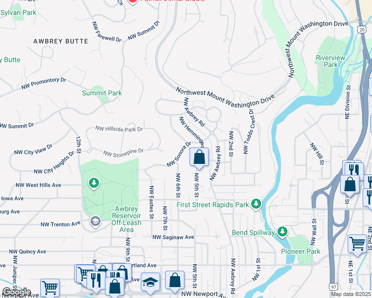 map of restaurants, bars, coffee shops, grocery stores, and more near 575 Northwest Sonora Drive in Bend